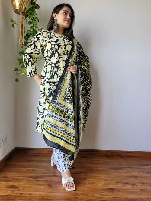 Black base light yellow color floral  hand block printed cotton suit