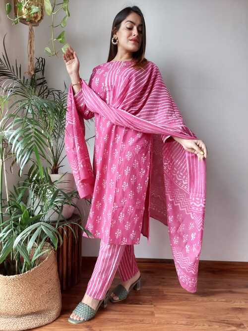 Pink base color floral  hand block printed cotton suit