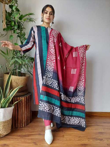 Multi color floral  hand block printed cotton suit