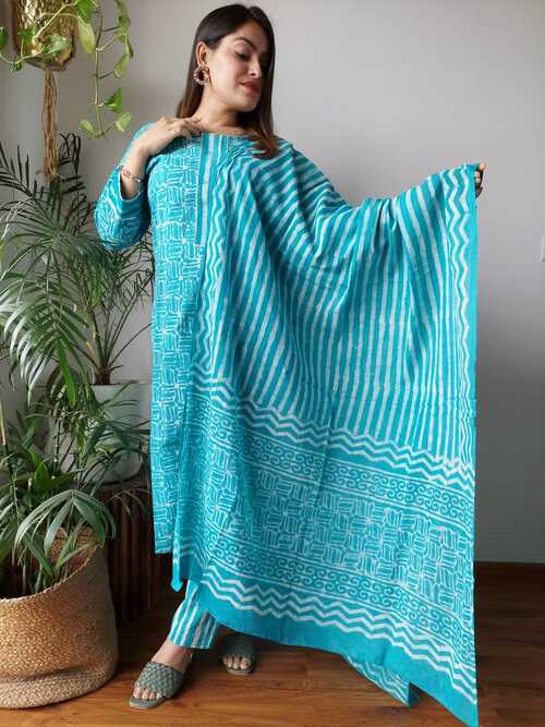 Blue color floral  hand block printed cotton suit