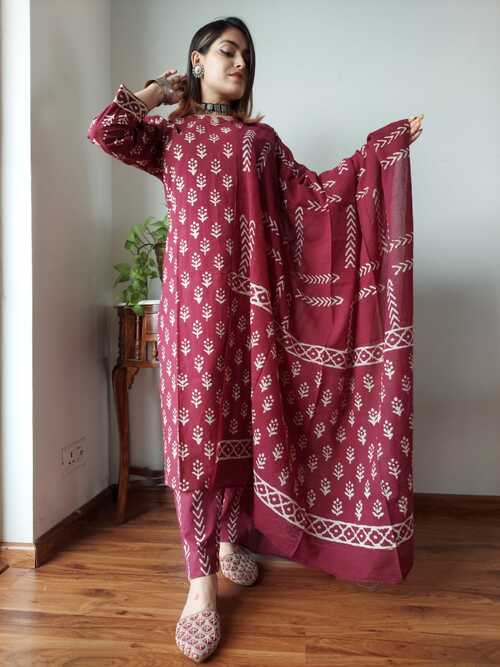 Maroon color floral  hand block printed cotton suit