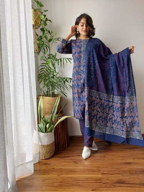 Dark blue color floral  hand block printed cotton suit