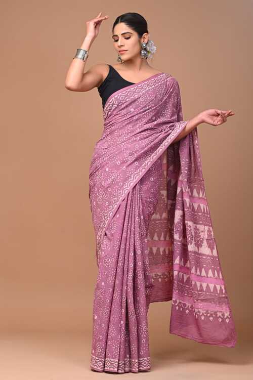 Beautiful Lavender with white hand block print saree