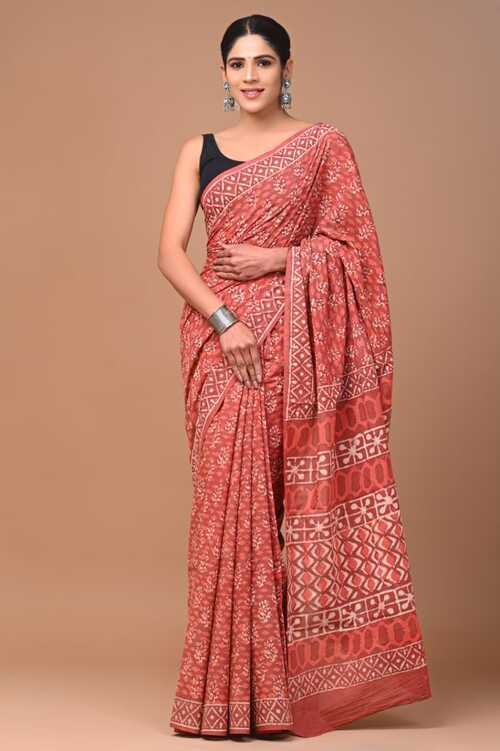 Beautiful Rust with white hand block print saree