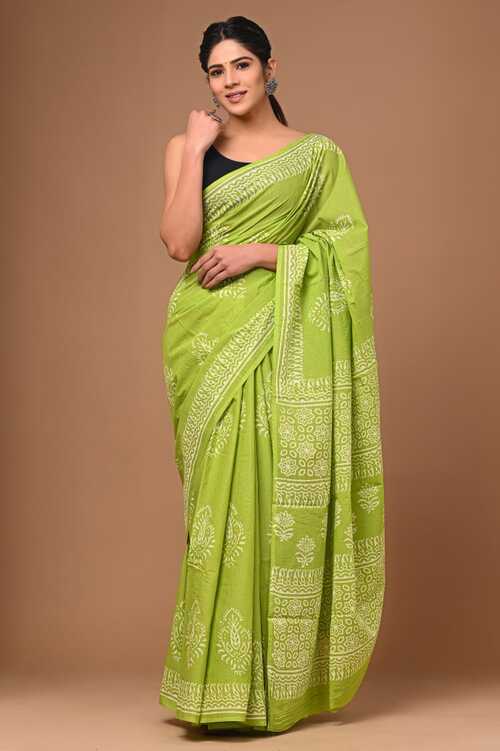 Beautiful Parrot green with white hand block print saree