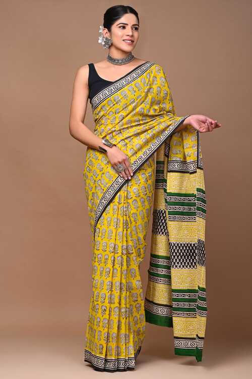 Beautiful Yellow with black hand block print saree