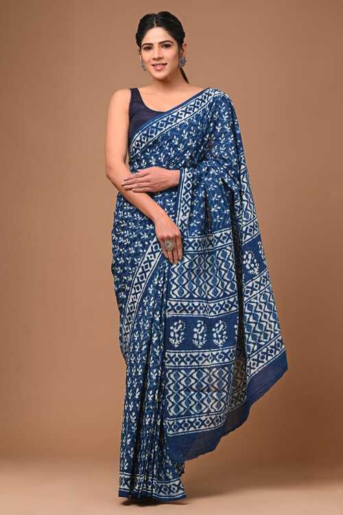 Beautiful Royal blue with white hand block print saree