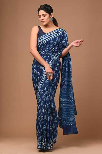 Beautiful Royal blue1 with white hand block print saree