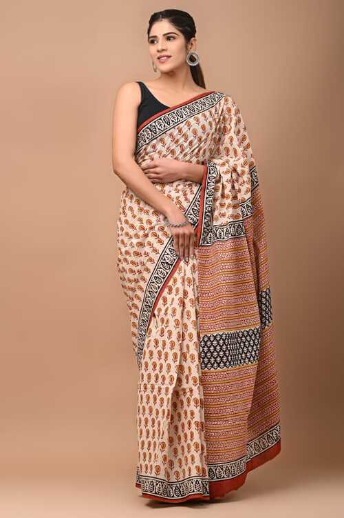 Beautiful Cream with black hand block print saree