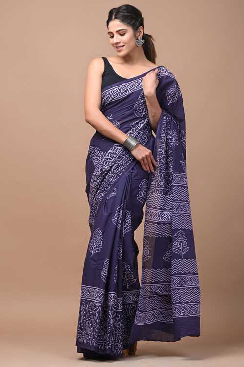 Beautiful Navy Blue with white hand block print saree