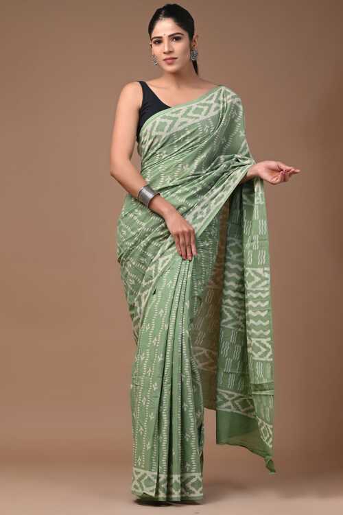 Beautiful Pista green with white hand block print saree