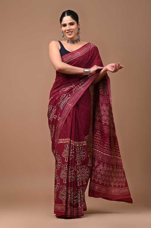 Beautiful Maroon with black white hand block print saree