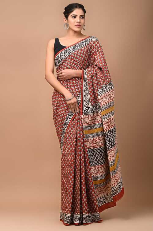 Beautiful Brown with black white hand block print saree