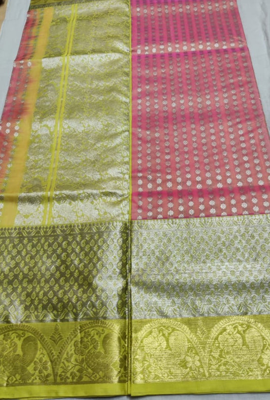 Pink & Lemon Green Silk Venkatgiri - Sarikart Online