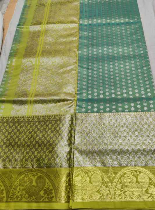 Sea Green and Yellow Silk Venkatgiri - Sarikart Online