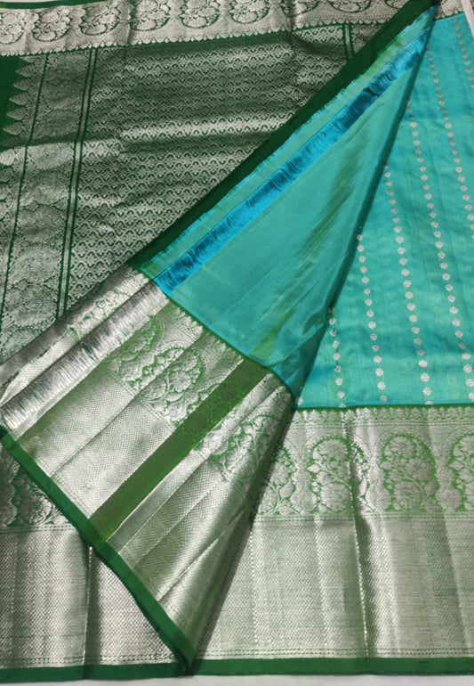 Sea Green and Silver Silk Venkatgiri - Sarikart Online