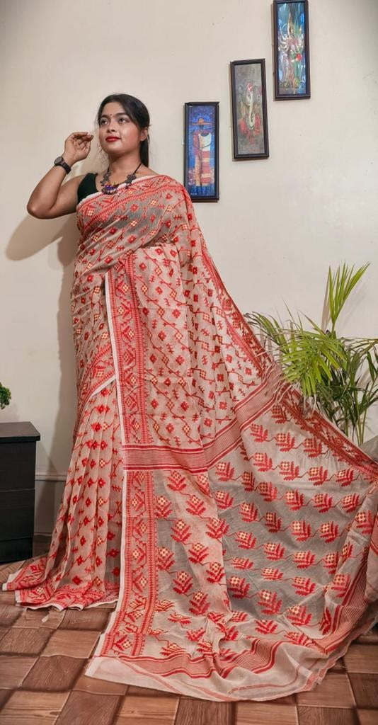 Pure Cotton Peach Color Jamdani work all over Saree - Sarikart Online