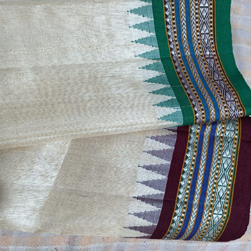 Tussar silk cream colour with green & maroon border Vidarbha karvati saree - Sarikart Online