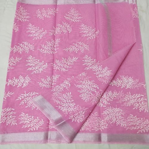 Baby Pink color Kota doria embroidery saree - Sarikart Online