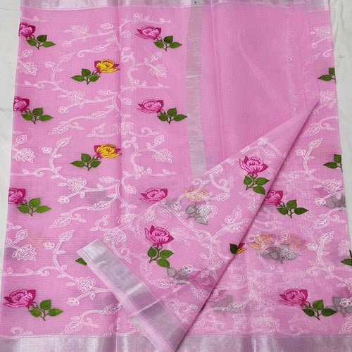 Baby Pink colour Kota doria embroidery saree - Sarikart Online