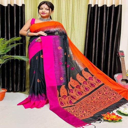 Beautiful black pure cotton jamdani with orange & pink border saree with bp - Sarikart Online