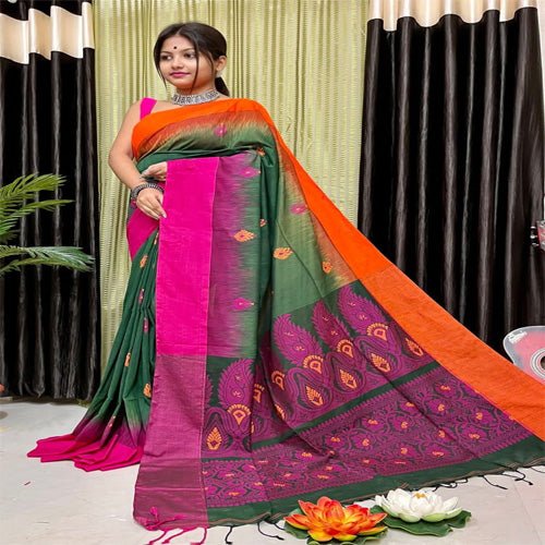 Beautiful bottle green pure cotton jamdani with pink & orange border saree with bp - Sarikart Online