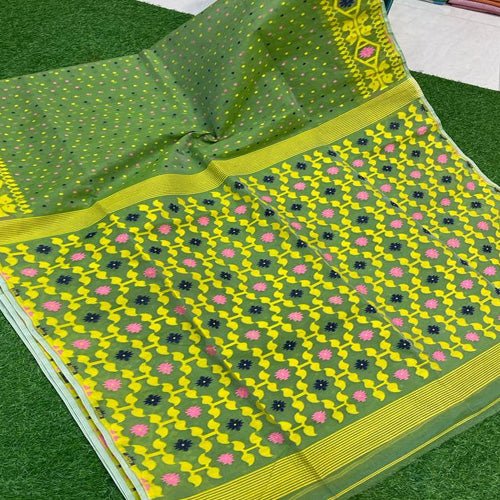 Beautiful green Base with Multi colour jamdani work all over