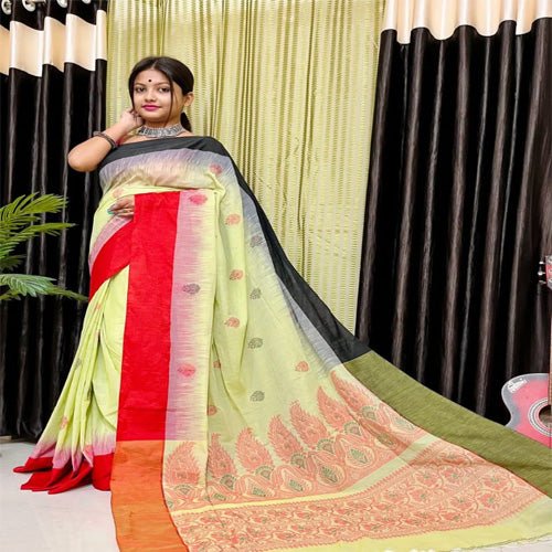 Beautiful lemon yellow pure cotton jamdani with multi color border saree with bp - Sarikart Online