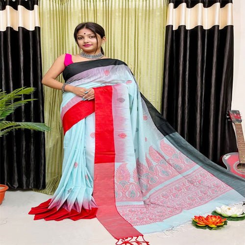 Beautiful sky blue pure cotton jamdani with red & black border saree with bp - Sarikart Online