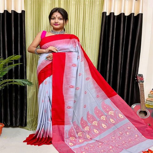 Beautiful sky blue pure cotton jamdani with red & maroon border saree with bp - Sarikart Online