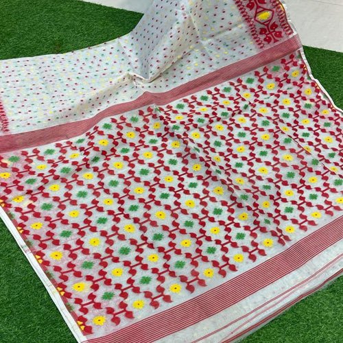 Beautiful white Base with Multi color jamdani work all over - Sarikart Online