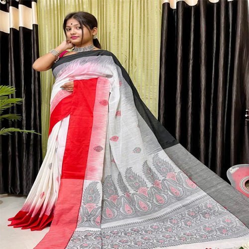 Beautiful white pure cotton jamdani with black & red border saree with bp - Sarikart Online