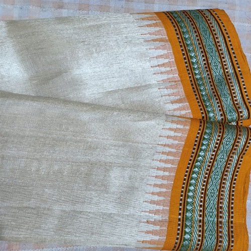 Kosa Cream colour with orange & green border Vidarbha karvati saree - Sarikart Online