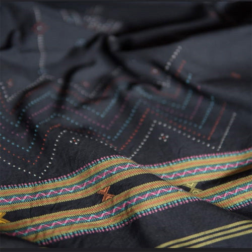 Tangaliya Cotton Handwoven Black With Multi Color Border Saree - Sarikart Online