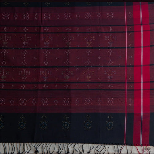 Tangaliya Cotton Handwoven Maroon With Black & Red Color Border Saree