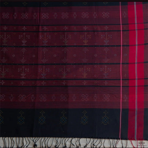 Tangaliya Cotton Handwoven Maroon With Black & Red Color Border Saree - Sarikart Online