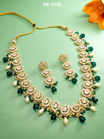 Stone-Studded  Beaded Necklace With Earrings