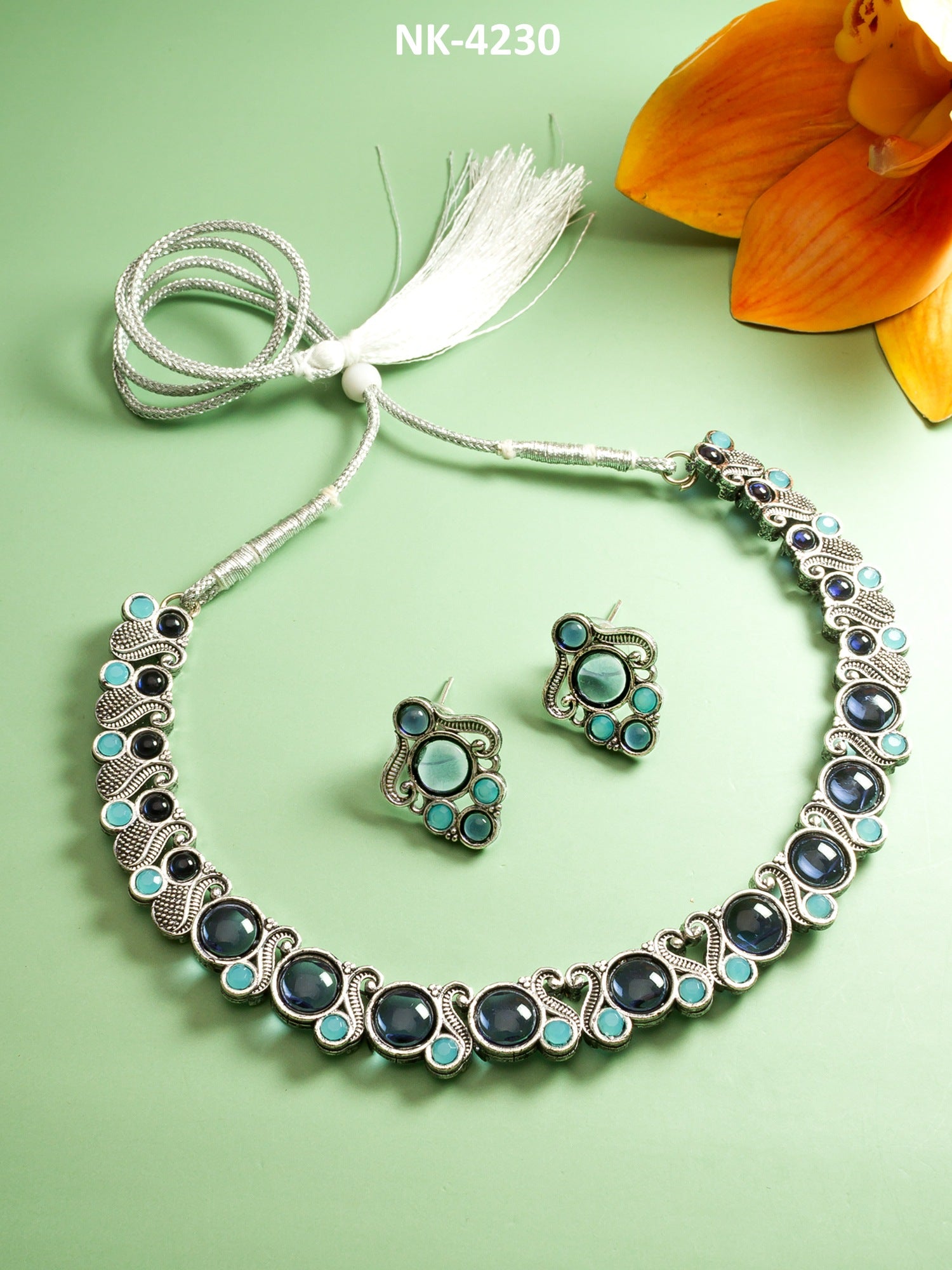 Silver Stone-Studded Necklace With Earrings
