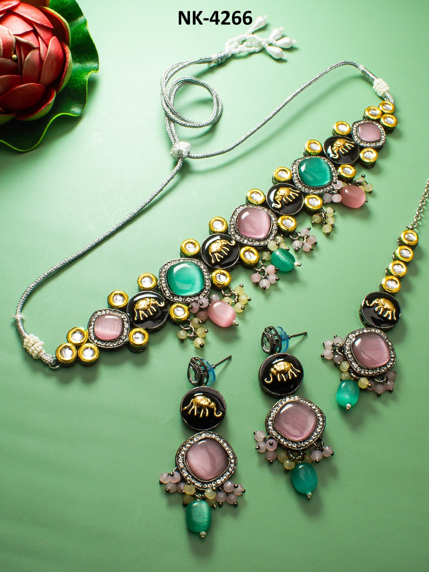 Alloy Silver Plated Multi Stone studded Jewellery set With pair Earrings & Mangtikka