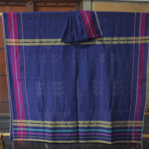 Tangaliya Cotton Handwoven Navy Blue With Multi Color Border Saree - Sarikart Online