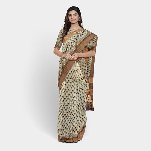 Cream body2 with hand block print Kosa silk saree - Sarikart Online