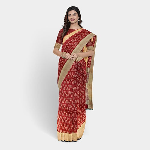 Brown body3 with floral hand block print Kosa silk saree - Sarikart Online