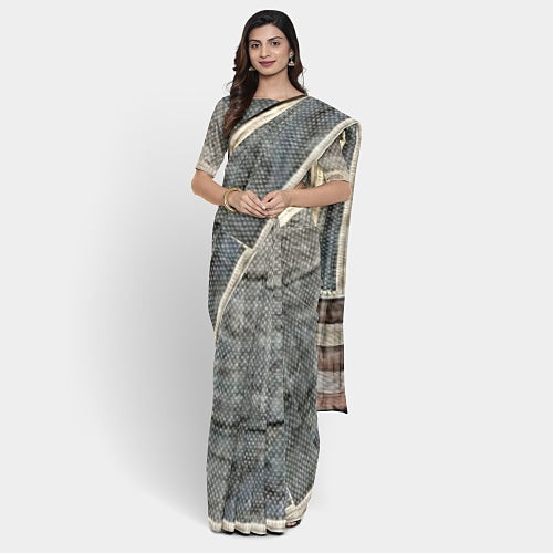 Black body with hand block print Kosa silk saree - Sarikart Online