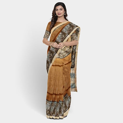 Brown1 body with hand block print Kosa silk saree - Sarikart Online