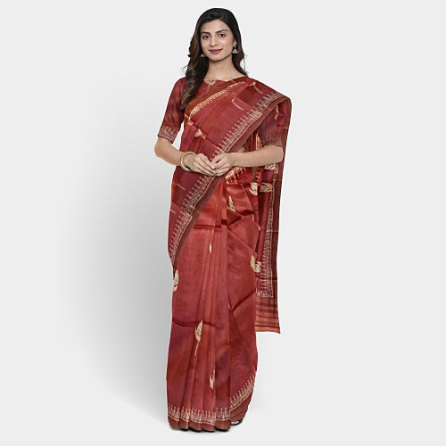 Handloom brown color kosa silk print saree - Sarikart Online