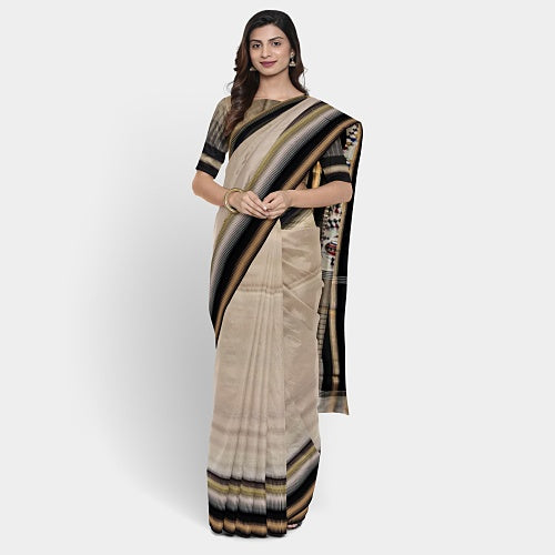 Cream body4 Kosa silk hand paint tribal art saree - Sarikart Online