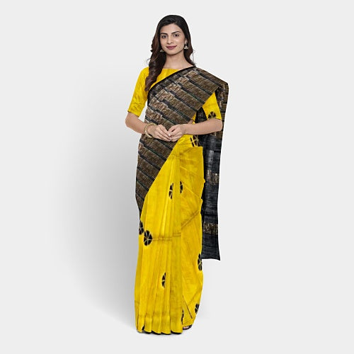 Yellow body with black border tusar ghicha saree - Sarikart Online