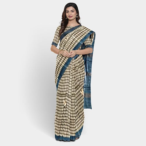 Cream body with grey & blue border tusar ghicha saree - Sarikart Online