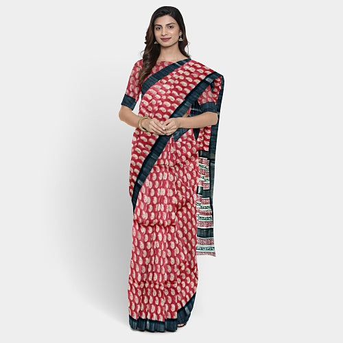 Red body with black border tusar ghicha saree - Sarikart Online