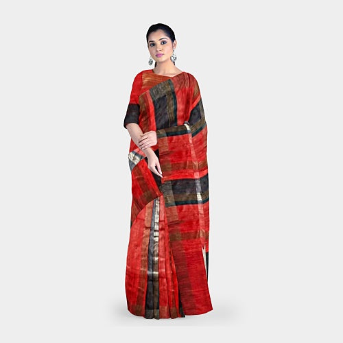 White body with red & black border tusar ghicha saree - Sarikart Online